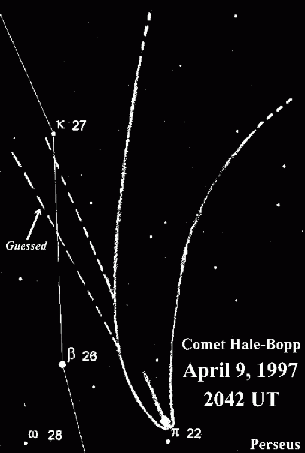 Sketch of the approximate visual limits of the comet's two tails on April 9th 1997