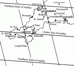 The track of totality over Cornwall, England, UK on August 11th 1999 (after HM Nautical Almanac Office, Royal Greenwich Observatory, Cambridge)